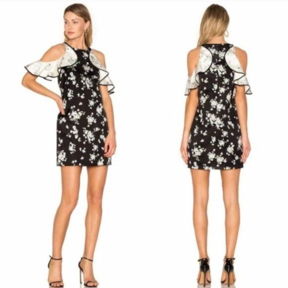 AMUR Jennifer Ruffle Floral Cold Shoulder Shift Cocktail Mini Dress Size 4 Small